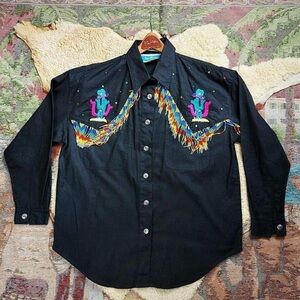 Vtg 90s Black Western Shirt Colorful Embroidery Festival Cowboy Beaded Fringe SM